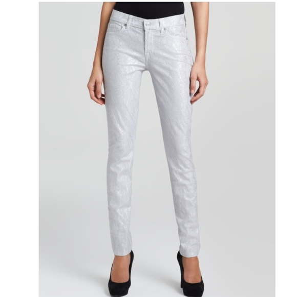 NEW 7 FOR ALL MANKIND JACQUARD METALLIC SILVER SKINNY JEANS